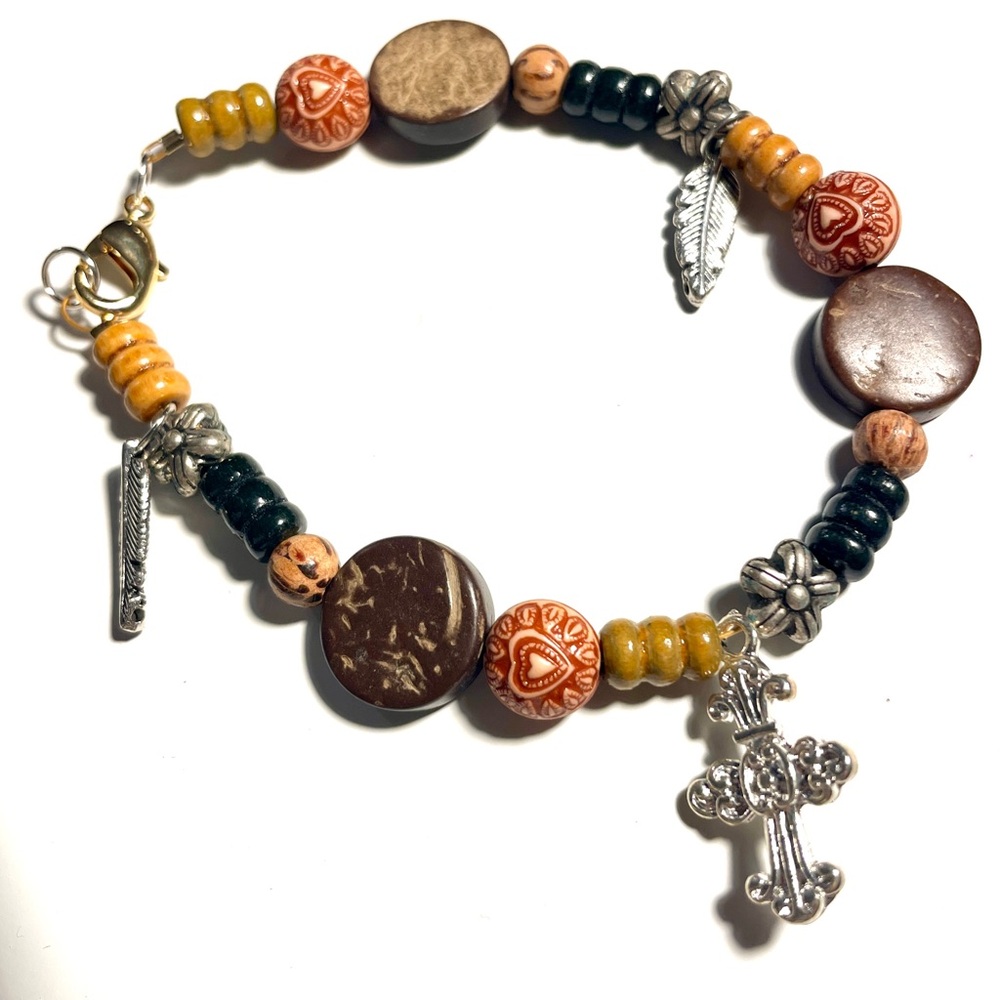 Hand Crafted Beaded Bracelet with Cross and Feather Charms